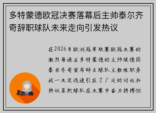 多特蒙德欧冠决赛落幕后主帅泰尔齐奇辞职球队未来走向引发热议